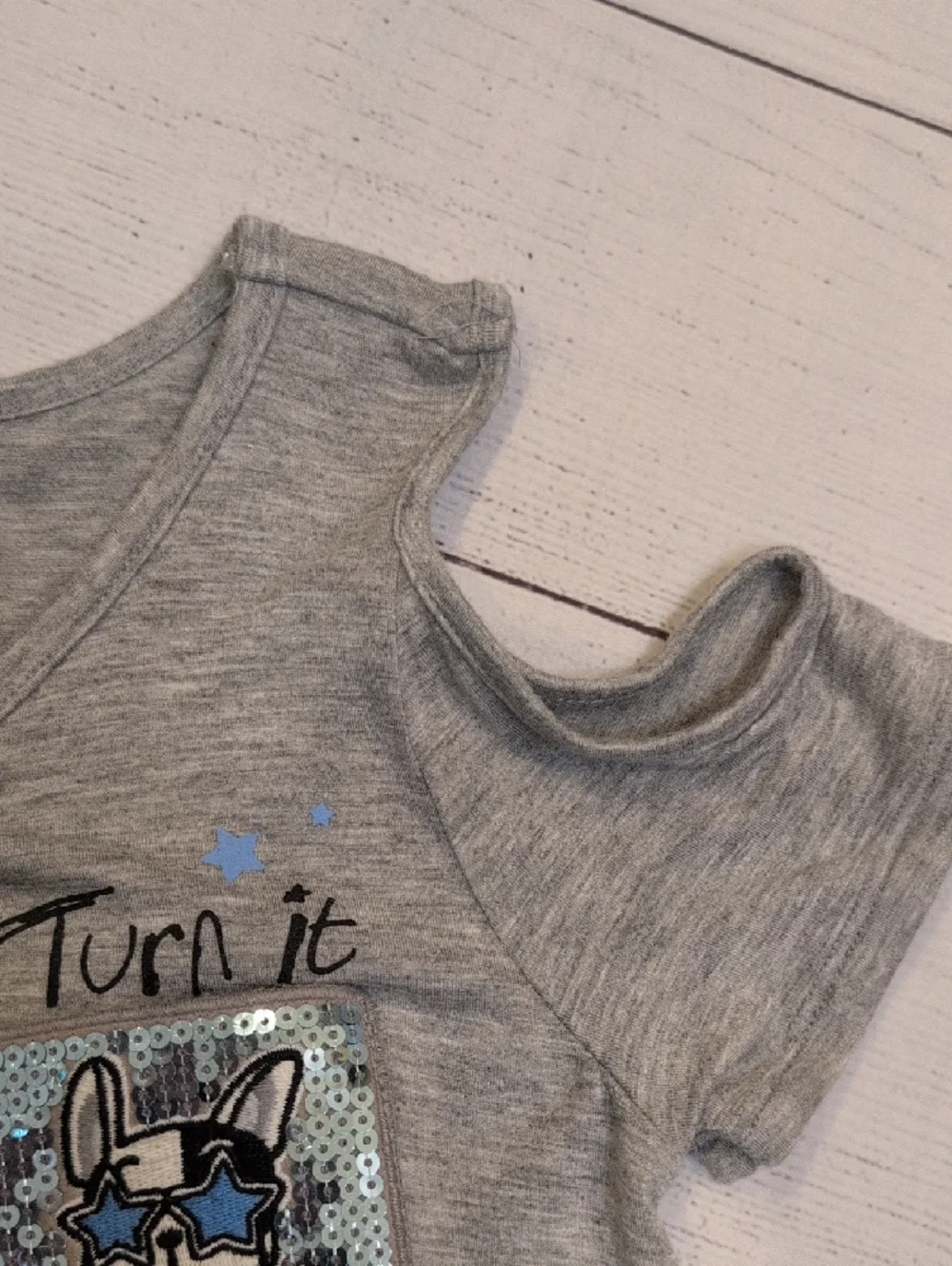 Justice Girls' Gray Cold-Shoulder Tee with Sequin Bulldog Patch